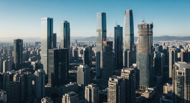 High-angle perspective of a dense urban landscape with modern glass skyscrapers, construction cranes on unfinished towers, and a sprawling metropolis reaching towards distant mountains