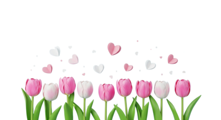 3d icon of pink and white tulips with floating hearts, isolated on transparent background