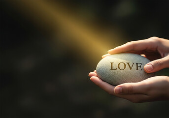 Hands holding a stone engraved with 'Love' in a gentle ray of light, a peaceful and tender concept perfect for representing affection, care, and emotion