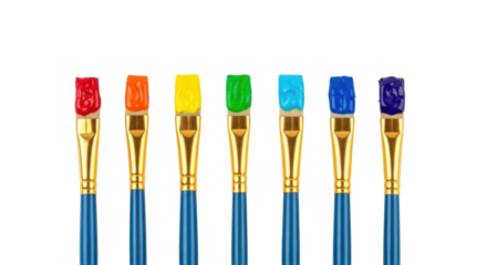 Seven identical artist paintbrushes, blue handles, gold ferrules, vibrant rainbow paint globs, transparent background, copy space. Concept of creative potential and diverse solutions