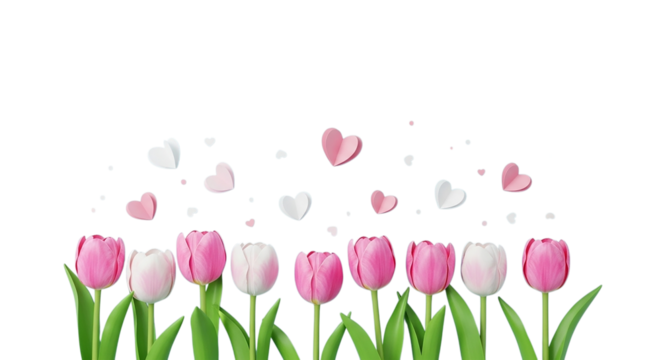 3d icon of pink and white tulips with floating hearts, isolated on transparent background