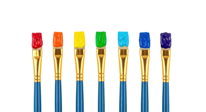 Seven identical artist paintbrushes, blue handles, gold ferrules, vibrant rainbow paint globs, transparent background, copy space. Concept of creative potential and diverse solutions
