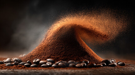 A close up pile of rich brown coffee powder on a clean surface, showing fine texture and deep color that evokes fresh aroma, warmth, and the ritual of morning brewing.

