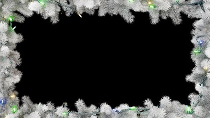 Christmas frame or new year frame with white fir or pine leaves and light bulbs blinking with alpha map for compositing. 4K loop animation. - Powered by Adobe
