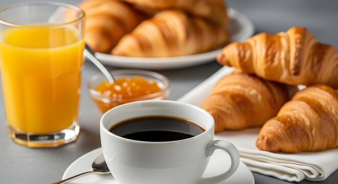 Delicious breakfast with croissants coffee and orange juice - Powered by Adobe