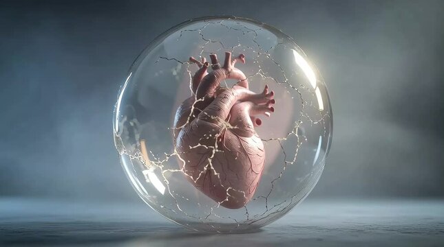 Realistic human heart inside transparent glass sphere. Fragile organ protection concept for medical insurance and cardiology.
