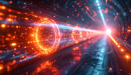 Fototapeta premium Digital Conduit: A stunning, vibrant digital representation of a data stream speeding through a high-tech tunnel, emanating an aura of technological prowess and rapid digital information transfer.