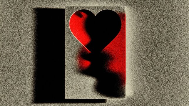 Heart-Shaped Shadow Casting a Red Glow on Textured Surface: Symbolism of Love and Emotion