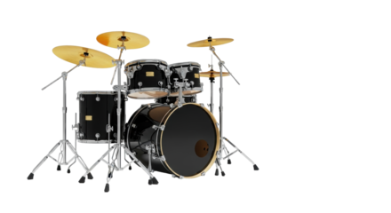 A high-end modern black drum kit with shining chrome hardware and brilliant golden cymbals, meticulously arranged in a minimalist studio against a neutral gray background with copy space,