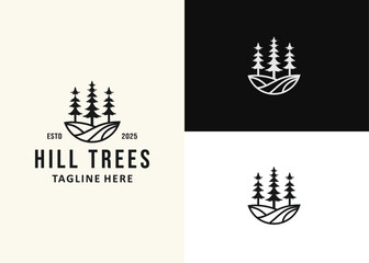 hills and pine trees. Retro vintage landscape logo design