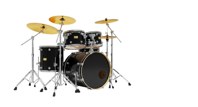 A high-end modern black drum kit with shining chrome hardware and brilliant golden cymbals, meticulously arranged in a minimalist studio against a neutral gray background with copy space,