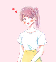 ポニーテールの女性　笑顔　恋　カメラ目線