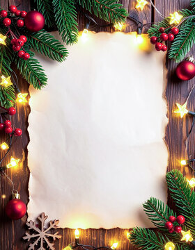 Dise&ntilde;o plantilla libre para escribir la carta a reyes Magos y Pap&aacute; Noel, por navidad con marco de decoracion navide&ntilde;a y luces. Tambi&eacute;n para menu de navidad y menu fin de a&ntilde;o