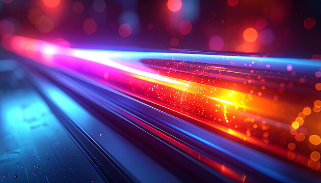 Digital Fiber Optics: a close-up image showing a mesmerizing display of light and data transmission within a network of fiber optic cables.