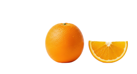 Vibrant, whole ripe orange and juicy cut slice with visible moisture, arranged in a clean, minimalist studio on a transparent background with copy space, natural freshness concept