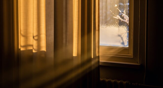 Sunlight filtering through window and curtains in a cozy, warm room. - Powered by Adobe