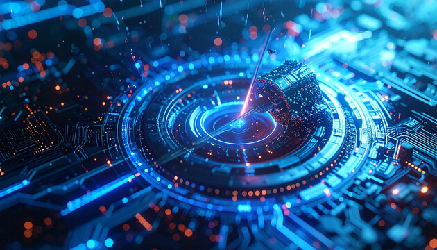 Digital Core: The intricate network of circuits and lights pulses with energy, visualizing the heart of cutting-edge technology and data processing. 