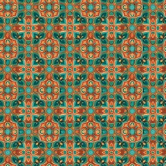 Seamless Turkish mosaic tile pattern, turquoise, cream, orange, intricate geometric repeat textile print ready seamless fabric pattern, textile background 