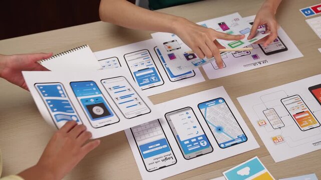 Panorama video of startup company employee planning on user interface prototype for mobile application or website in office. UX UI designer brainstorm designing user friendly interface plan. Synergic