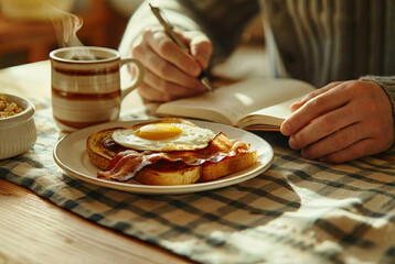 Person hands writing in notebook while eating breakfast with fried egg, bacon and toast on wooden table with hot steaming coffee cup, enjoying calm productive morning routine at home