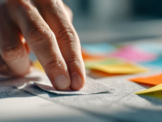 Hand placing textured fabric pieces on a design blueprint with colorful swatches in the background for creative project planning and crafting