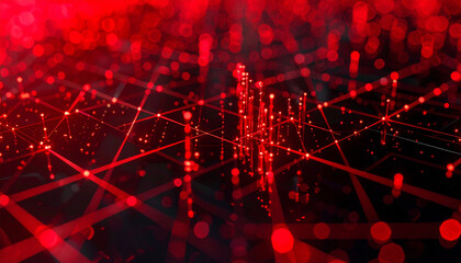 Red Network Abstraction: Dynamic data streams surge across a vibrant, intricate network of illuminated pathways, highlighting the complex infrastructure of interconnected data. 