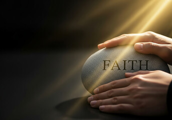 Hands protectively hovering over a stone with the word 'Faith' under a light ray, a concept perfect for spirituality, belief, and divine guidance