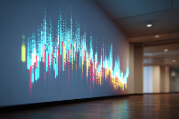 Blurred stock market chart projected on office wall colorful financial data visualization modern business environment abstract digital graph futuristic dynamic analytical innovative