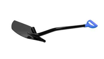 Robust black metal digging shovel with a distinctive blue ergonomic D-handle on transparent background