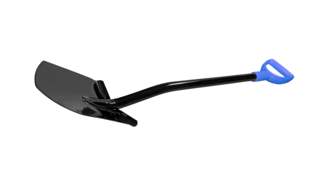 Robust black metal digging shovel with a distinctive blue ergonomic D-handle on transparent background
