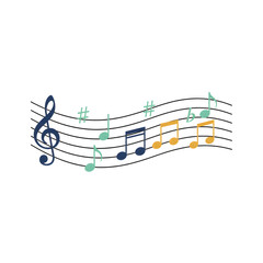 Colorful musical notes on staff lines, a vibrant vector illustration for music-related projects