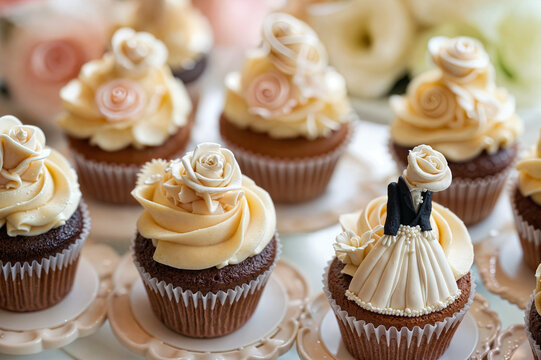 Wedding cupcakes chocolate dessert with cream buttercream frosting, fondant rose toppers and bride groom decoration on elegant reception table catering for marriage celebration party.