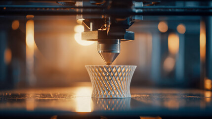 Innovative 3d printing technology creating a detailed geometric vase-shaped object during a manufacturing process in a modern industrial setting with warm lighting