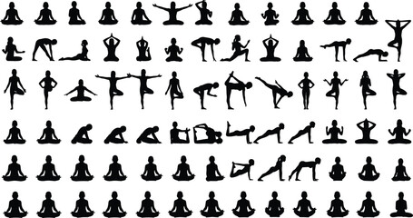 Silhouette collection of diverse yoga poses and meditation postures, peaceful exercise positions, fitness balance illustrations for wellness, mindfulness and relaxation themes