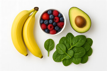 Clean top view of bananas, berries, avocado and spinach