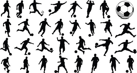 Silhouette collection of soccer players in dynamic motion, running, kicking, dribbling, playing football, athletic sports action poses for graphic design