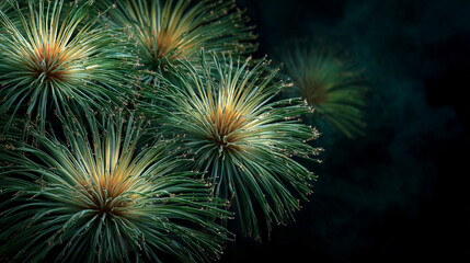 Green fireworks bursting along the edges of the frame, glowing sparks and radiant trails illuminating the dark sky with vibrant emerald light.