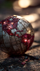 A fractured representation of the world, symbolized by a damaged globe displaying a vision of North and South America's fragility.