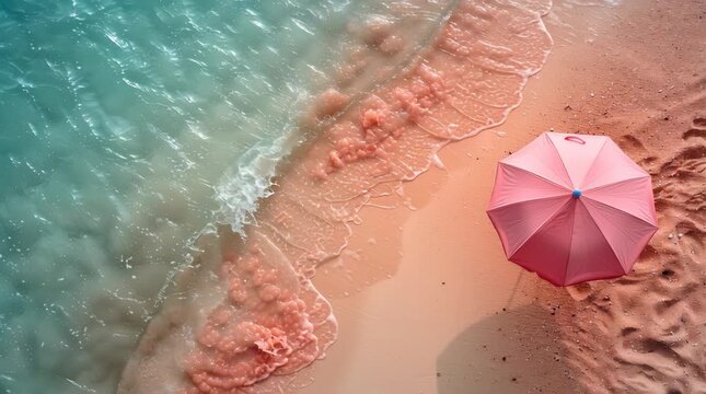 Dreamy aerial view of a pink beach umbrella on a pastel shoreline with soft turquoise water, textured sand, and gentle waves creating a serene summer mood.