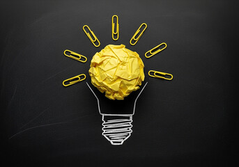 A glowing yellow crumpled paper lightbulb drawn on a chalkboard, a creative business concept perfect for representing a brilliant idea or innovative thinking