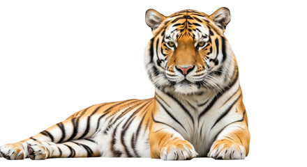 Fototapeta premium Majestic adult siberian tiger, vibrant orange and black stripes, lies majestically with intense eye contact on transparent studio background, conveying strength and dominance