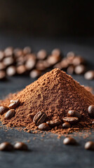 A close up pile of rich brown coffee powder on a clean surface, showing fine texture and deep color that evokes fresh aroma, warmth, and the ritual of morning brewing.
