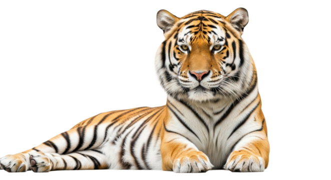 Majestic adult siberian tiger, vibrant orange and black stripes, lies majestically with intense eye contact on transparent studio background, conveying strength and dominance - Powered by Adobe