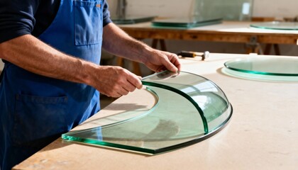 Side view medium shot of a craftsman aligning bent glass with a rounded shape focusing on the intricate process of creating seamless curved installations.