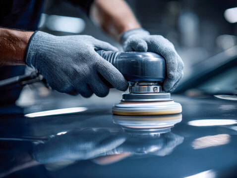 Worker wearing protective gloves using an electric polishing tool to smooth and shine the surface of a dark-colored car in a professional garage setting