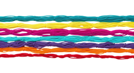 Eight multicolored yarn strands parallel on a transparent background, sharp focus, shadowless studio light, concept of organized pathways.