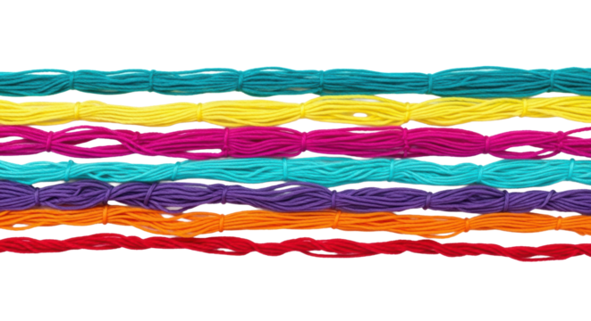 Eight multicolored yarn strands parallel on a transparent background, sharp focus, shadowless studio light, concept of organized pathways.