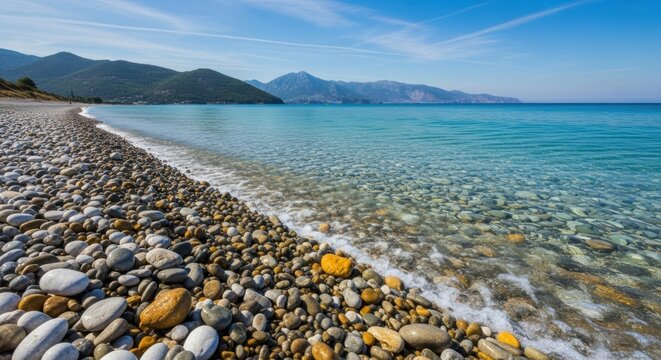 A tranquil pebble beach with smooth, colorful stones meets the crystal-clear turquoise sea, with a scenic view of forested mountains on a bright, sunny summer day