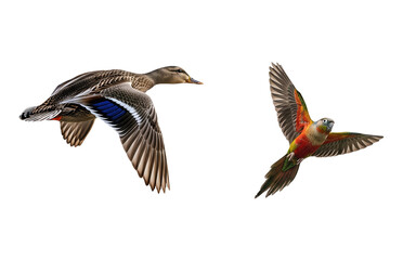 Obraz premium Wild Female Mallard Duck in Flight Beside Brightly Colored Green Cheeked Conure Parrot Flying Isolated on White Background Concept of Different Bird Species or