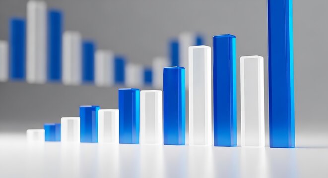 Blue and white 3 D bar chart rising from left to right on a light gray background graph